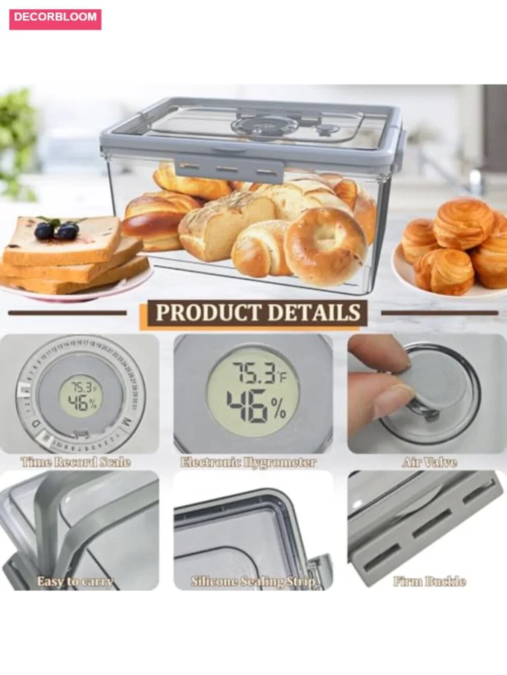 Bread Box with Digital Hygrometer, Time Recording Dial, Airtight Storage
